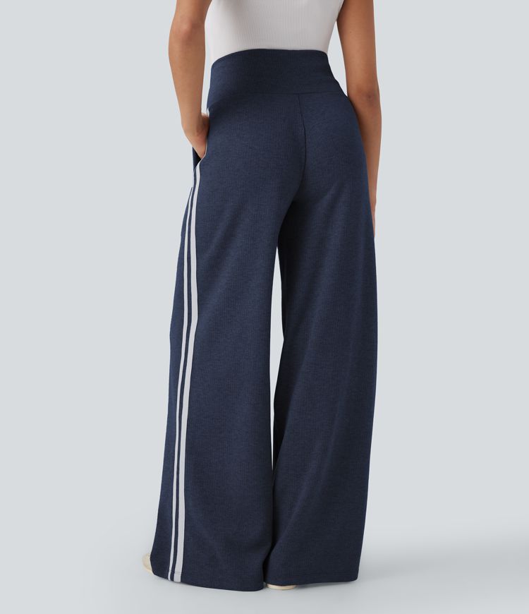 Ribbed High Waisted Tummy Control Drawstring Wide Leg Color Block Fleece Casual Trousers with Pockets