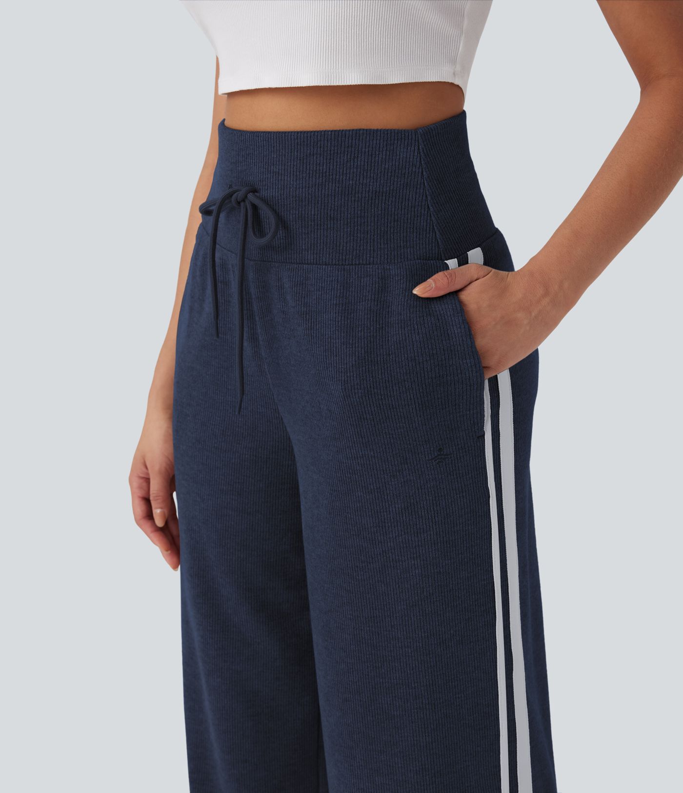 Ribbed High Waisted Tummy Control Drawstring Wide Leg Color Block Fleece Casual Trousers with Pockets