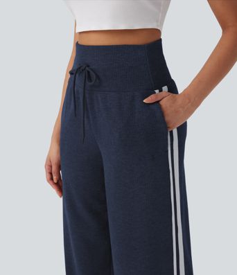 Ribbed High Waisted Tummy Control Drawstring Wide Leg Color Block Fleece Casual Trousers with Pockets