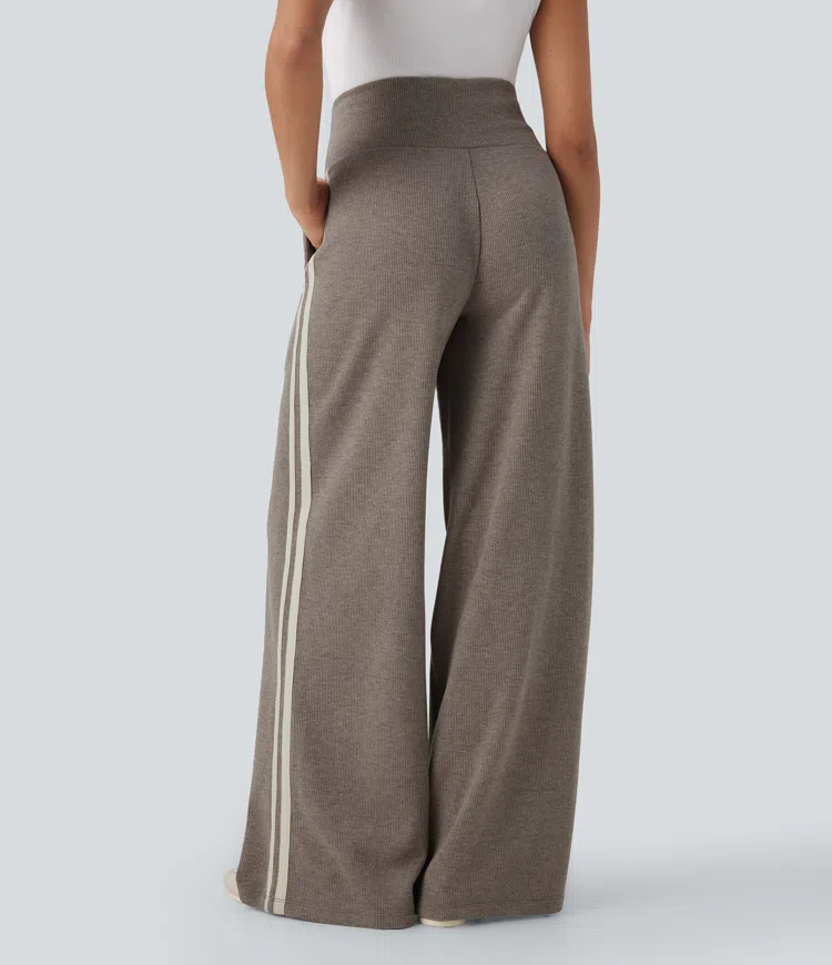  Taupe Stripe Ribbed High Waisted Tummy Control Drawstring Wide Leg Color Block Fleece Casual Trousers with Pockets / 2