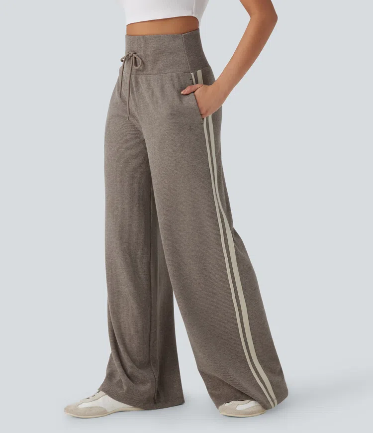  Taupe Stripe Ribbed High Waisted Tummy Control Drawstring Wide Leg Color Block Casual Pants with Pockets / 1