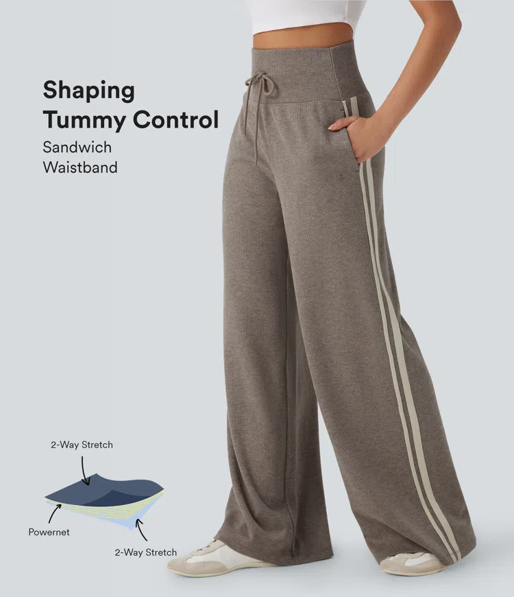  Taupe Stripe Ribbed High Waisted Tummy Control Drawstring Wide Leg Color Block Fleece Casual Trousers with Pockets / 1
