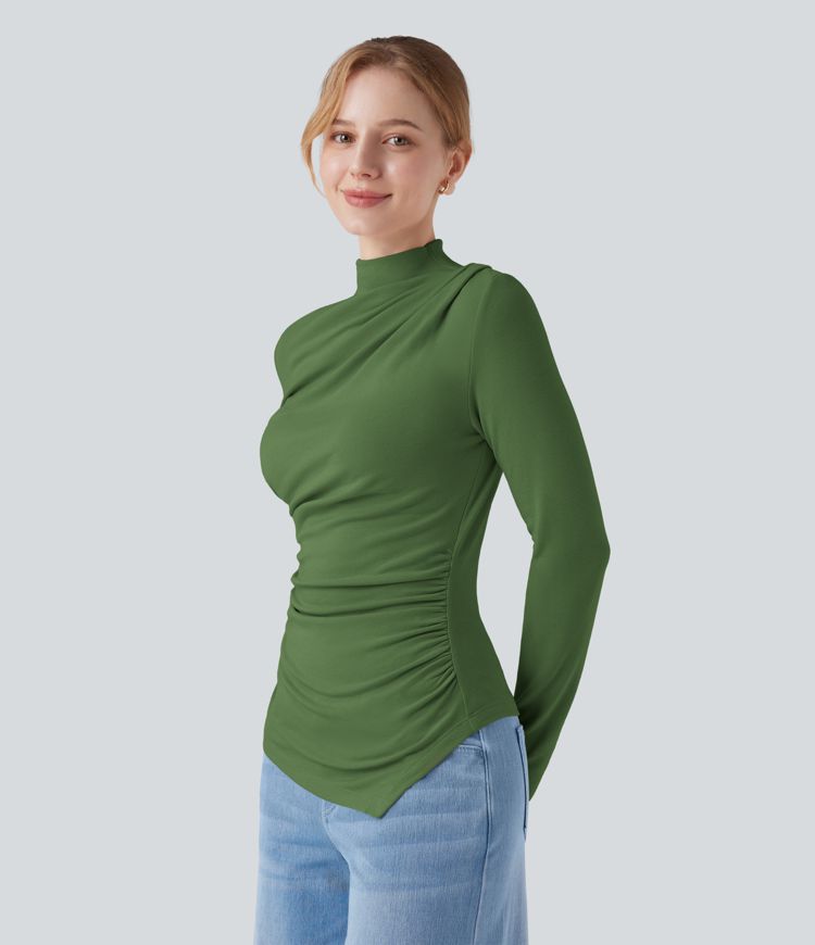 Mock-neck Long Sleeve Ruched Asymmetric Hem Thermal Casual Top