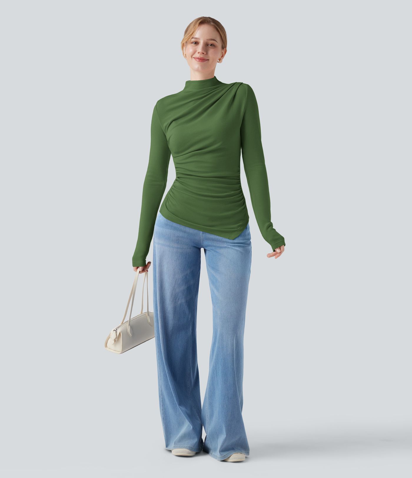Mock-neck Long Sleeve Ruched Asymmetric Hem Thermal Casual Top