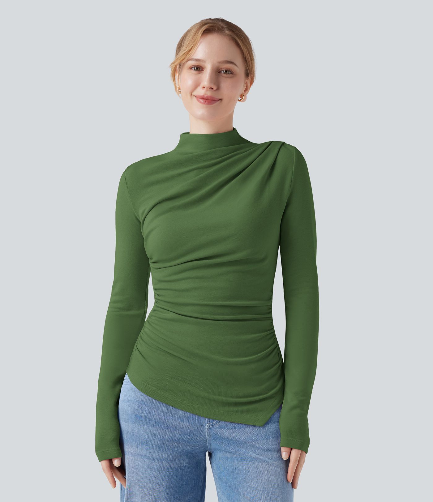 Mock-neck Long Sleeve Ruched Asymmetric Hem Thermal Casual Top