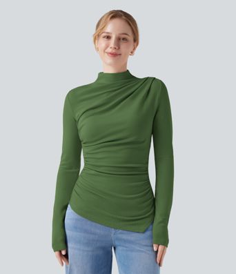 Mock-neck Long Sleeve Ruched Asymmetric Hem Thermal Casual Top