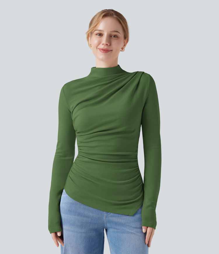 Mock-neck Long Sleeve Ruched Asymmetric Hem Thermal Casual Top