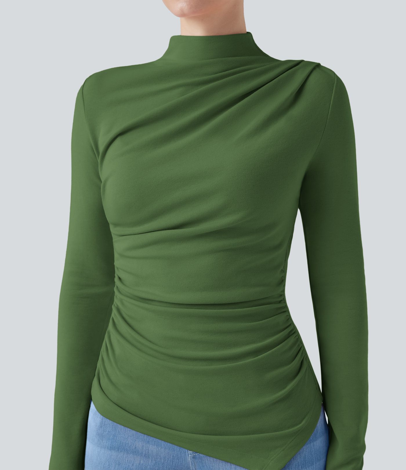 Mock-neck Long Sleeve Ruched Asymmetric Hem Thermal Casual Top