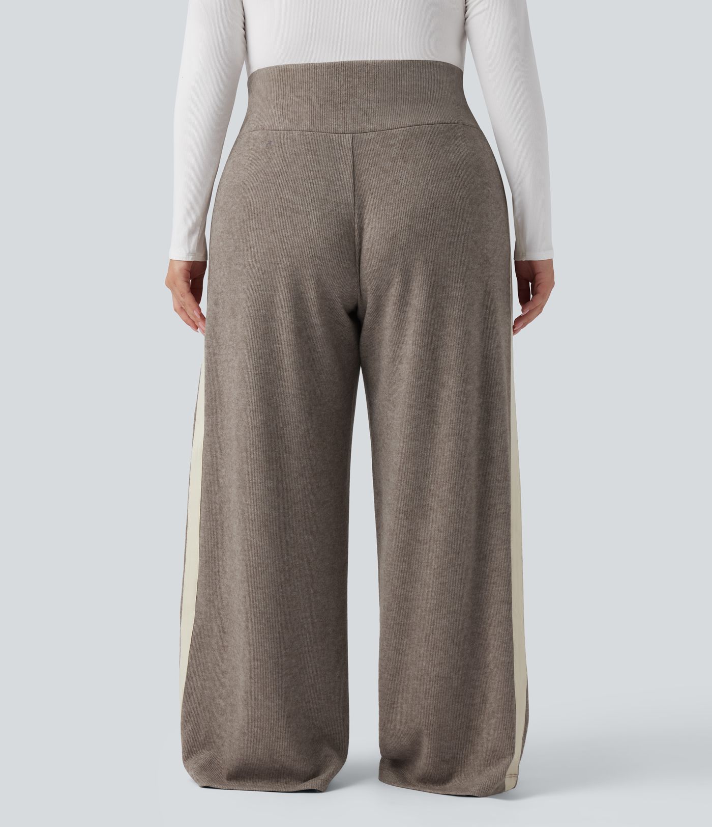 Ribbed High Waisted Tummy Control Drawstring Wide Leg Color Block Fleece Casual Plus Size Trousers with Pockets