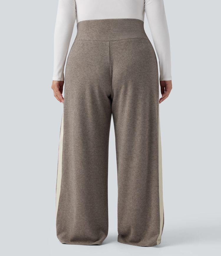 Ribbed High Waisted Tummy Control Drawstring Wide Leg Color Block Fleece Casual Plus Size Trousers with Pockets