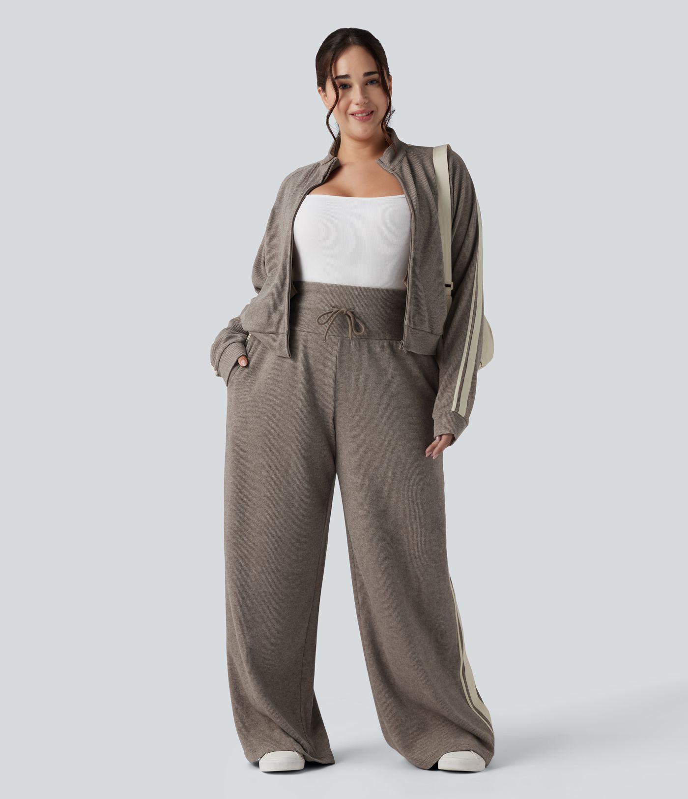 Ribbed High Waisted Tummy Control Drawstring Wide Leg Color Block Fleece Casual Plus Size Trousers with Pockets