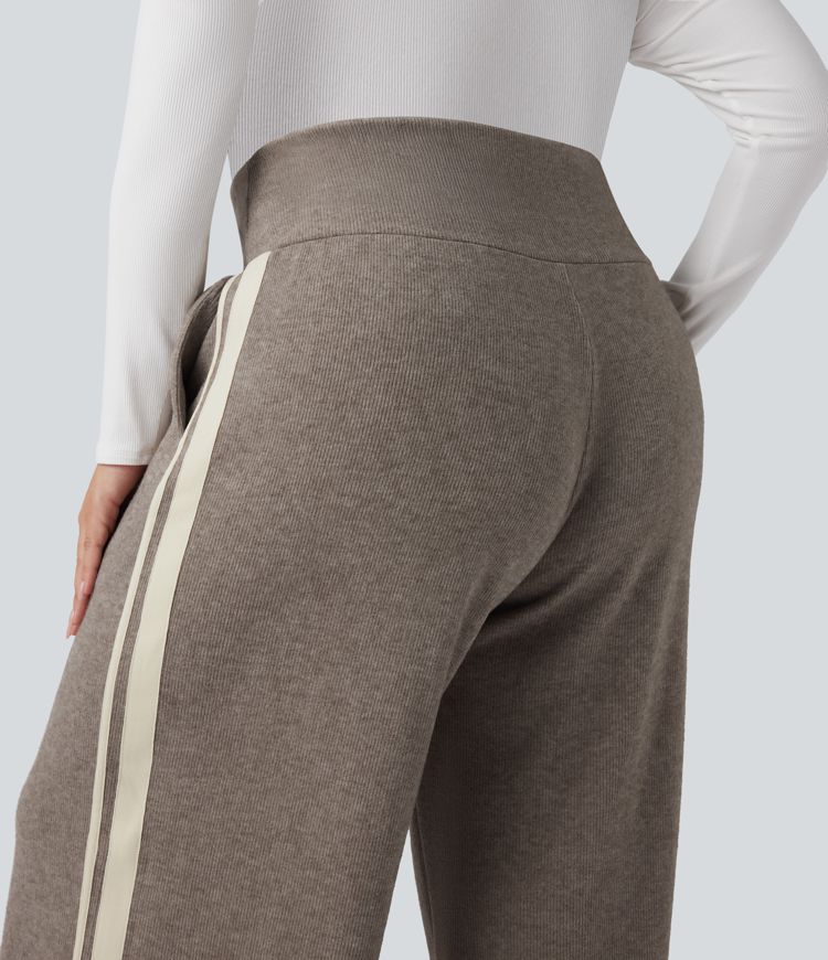 Ribbed High Waisted Tummy Control Drawstring Wide Leg Color Block Fleece Casual Plus Size Trousers with Pockets