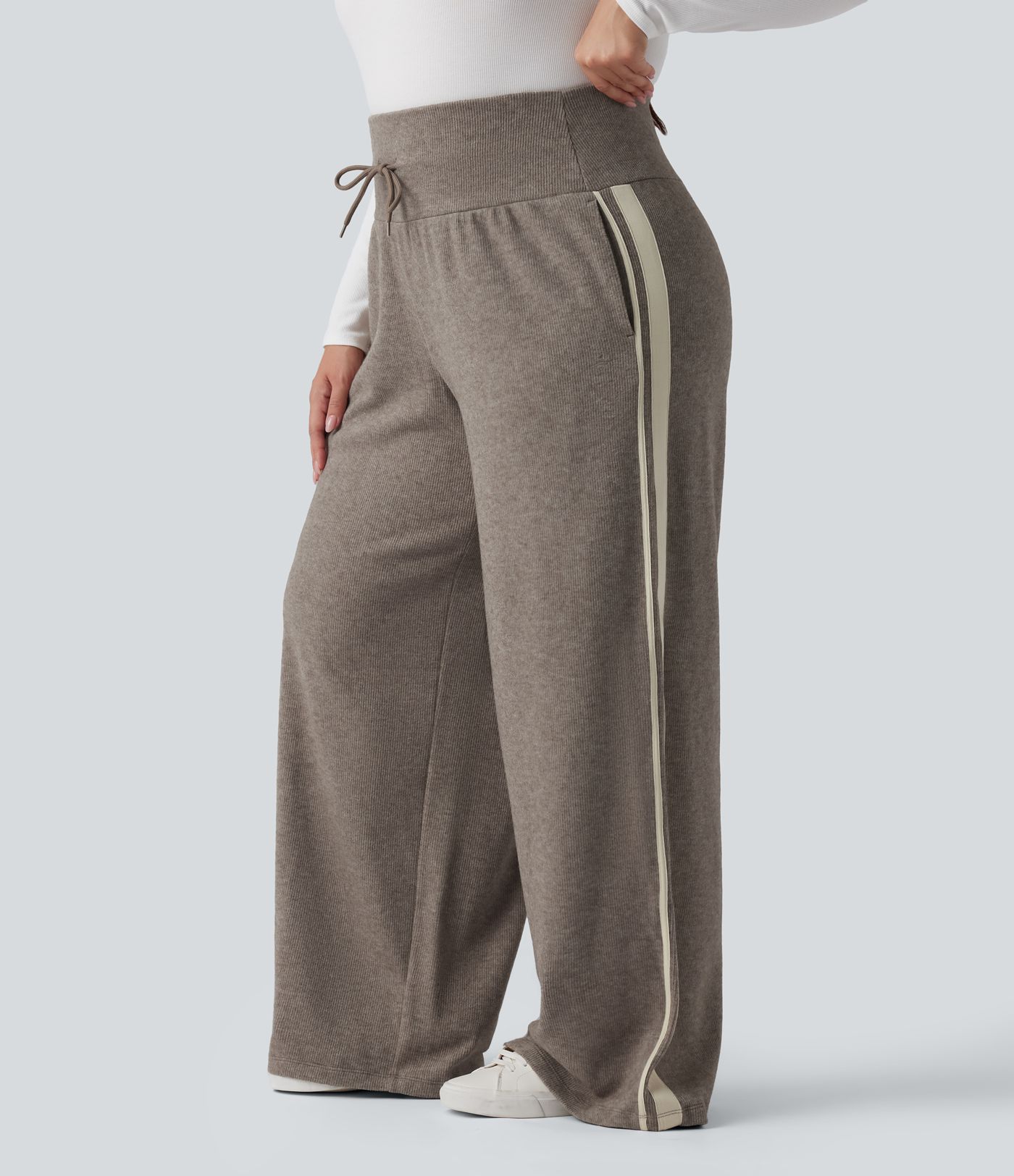 Ribbed High Waisted Tummy Control Drawstring Wide Leg Color Block Fleece Casual Plus Size Trousers with Pockets