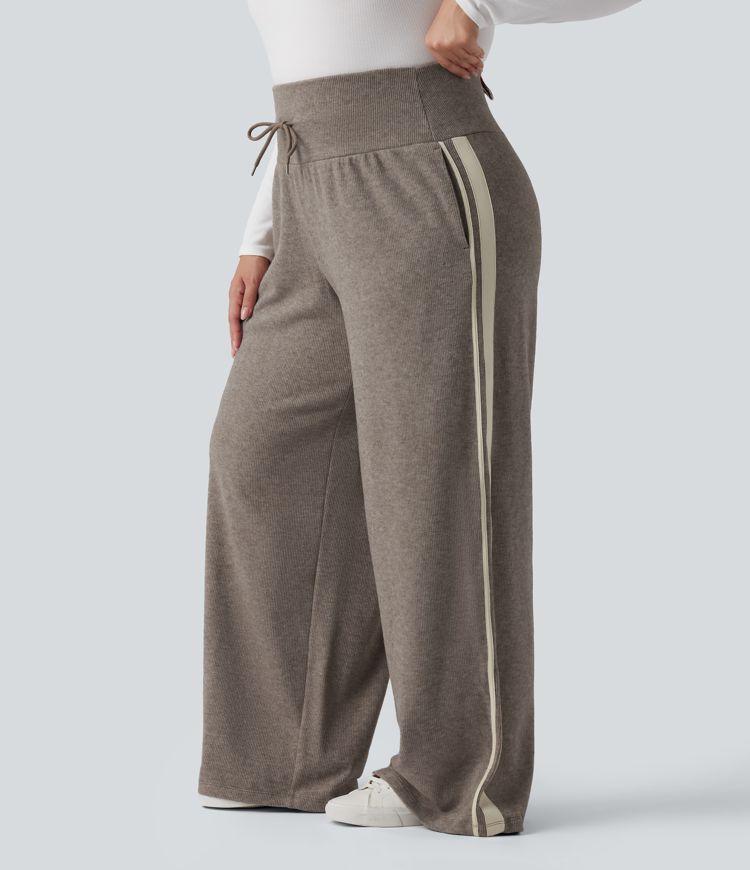 Ribbed High Waisted Tummy Control Drawstring Wide Leg Color Block Fleece Casual Plus Size Trousers with Pockets