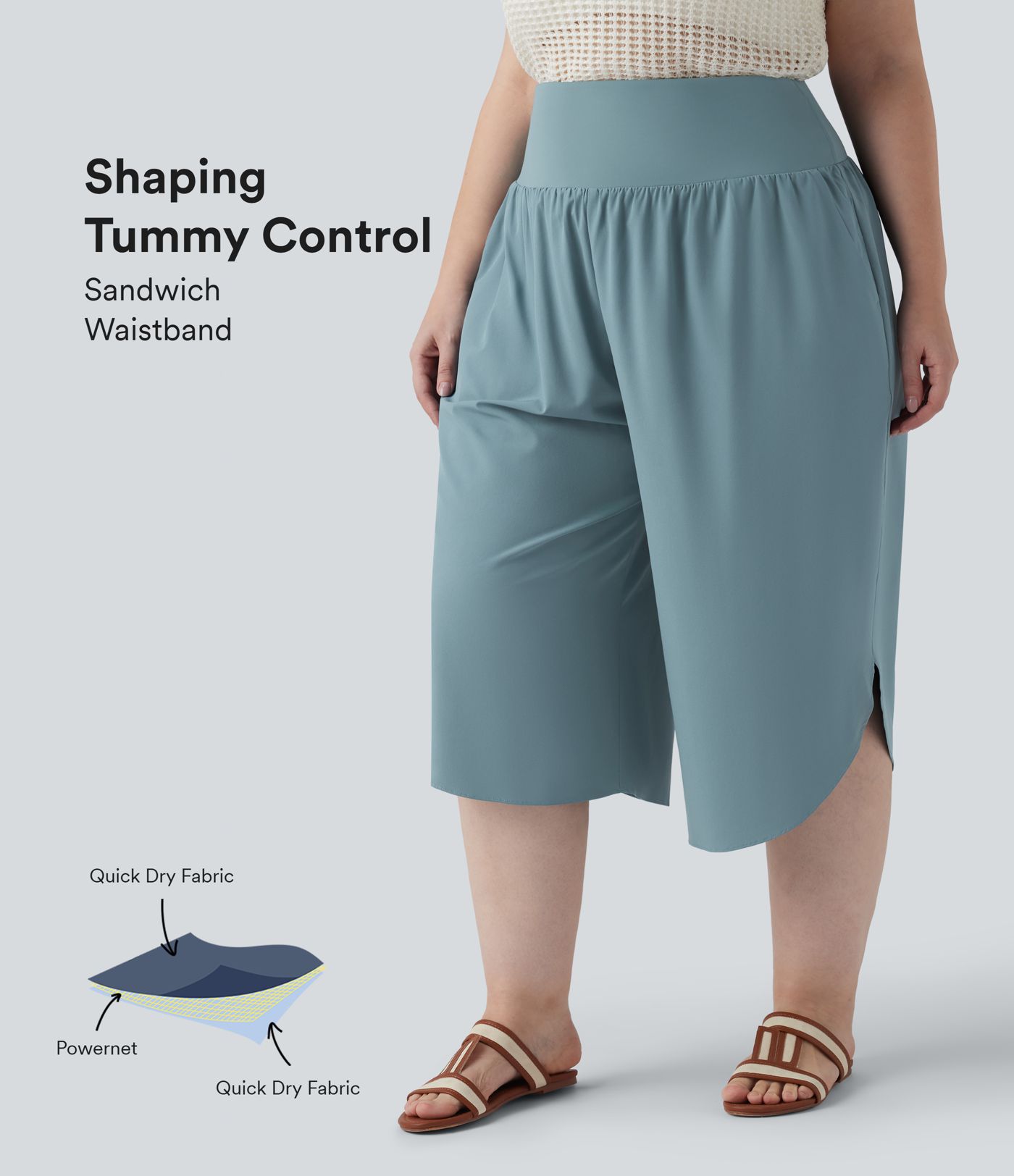 Breezeful™ High Waisted Tummy Control Curved Hem Quick Dry Resort Capri Plus Size Pants with Pockets