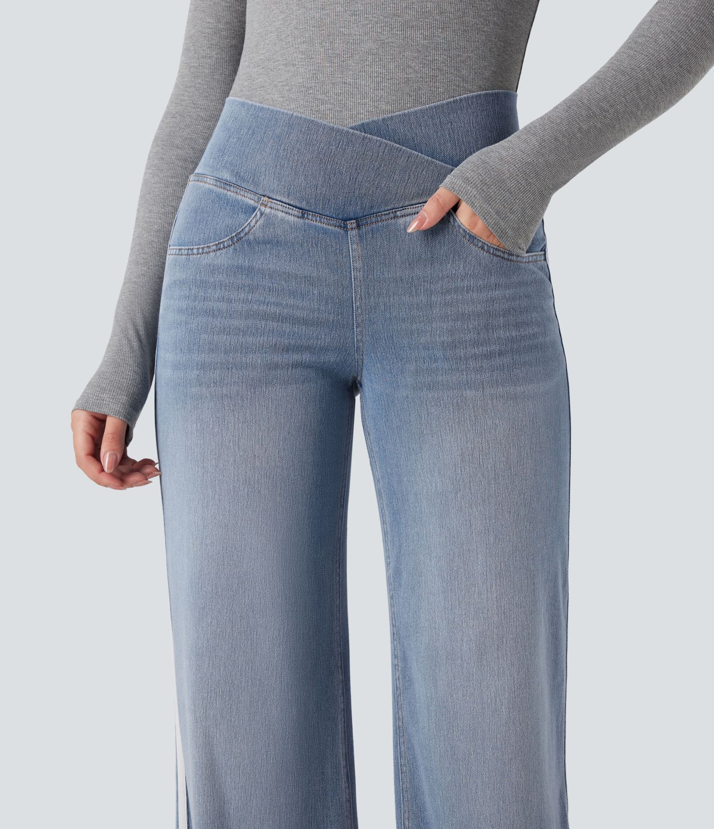 Halara Flex™ High Waisted Crossover Stripe Bootcut Casual Jeans with Pockets