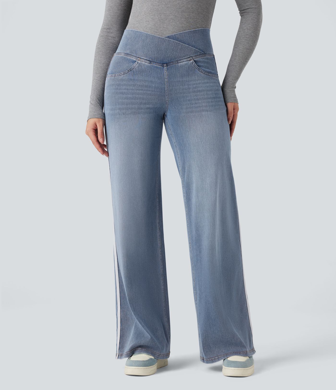 Halara Flex™ High Waisted Crossover Stripe Bootcut Casual Jeans with Pockets