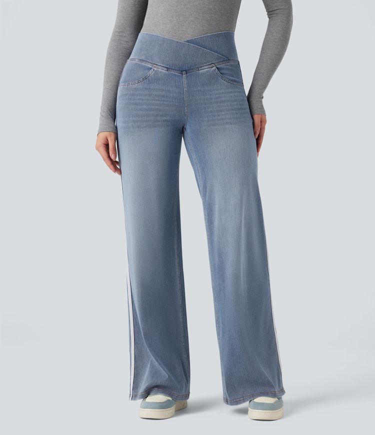 Halara Flex™ High Waisted Crossover Stripe Bootcut Casual Jeans with Pockets