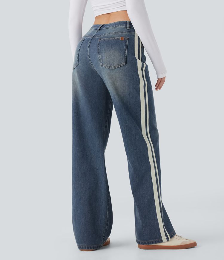 Halara Flex™ Low Rise Stripe Wide Leg Washed Casual Jeans with Pockets
