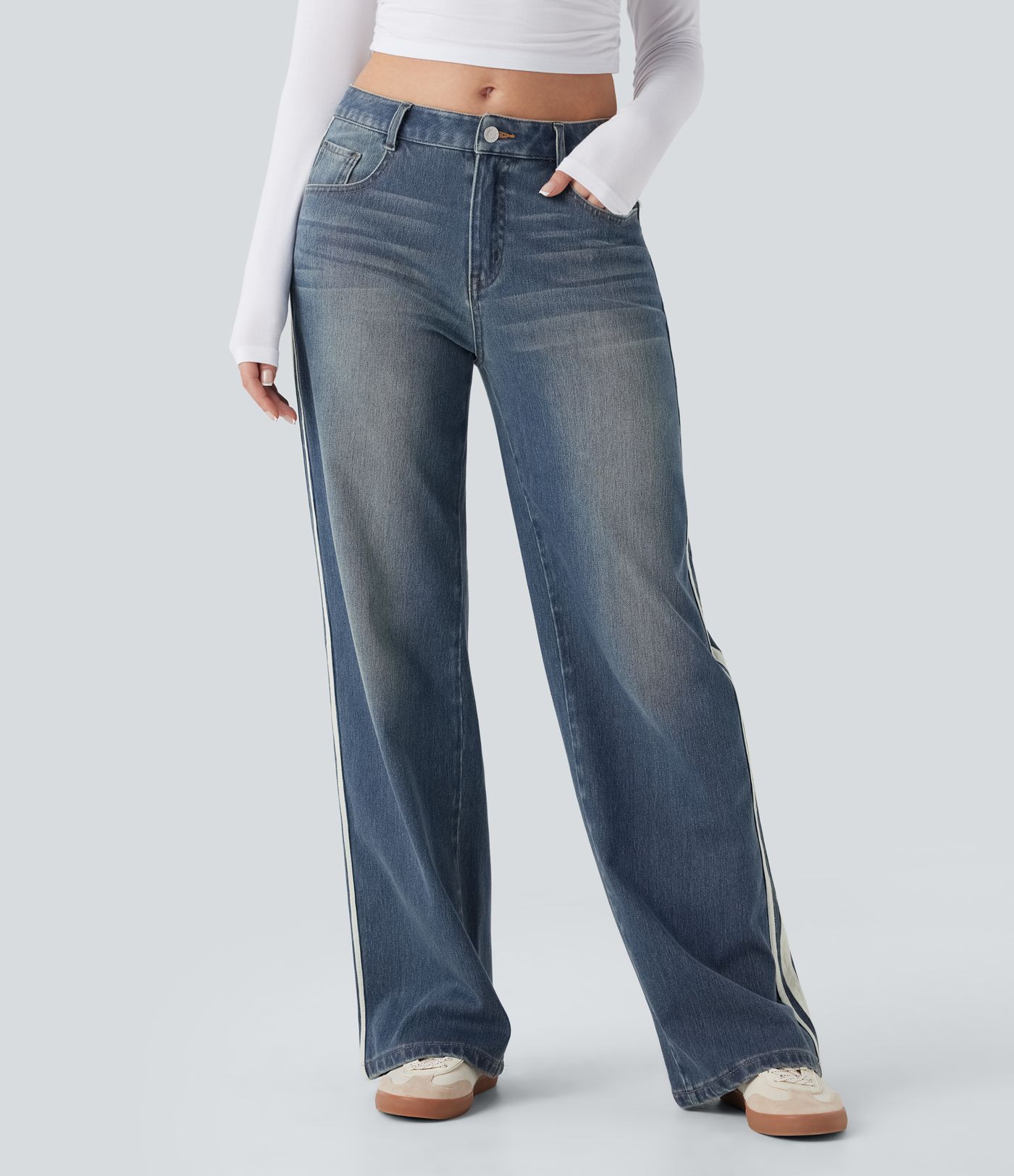 Halara Flex™ Low Rise Stripe Wide Leg Washed Casual Jeans with Pockets