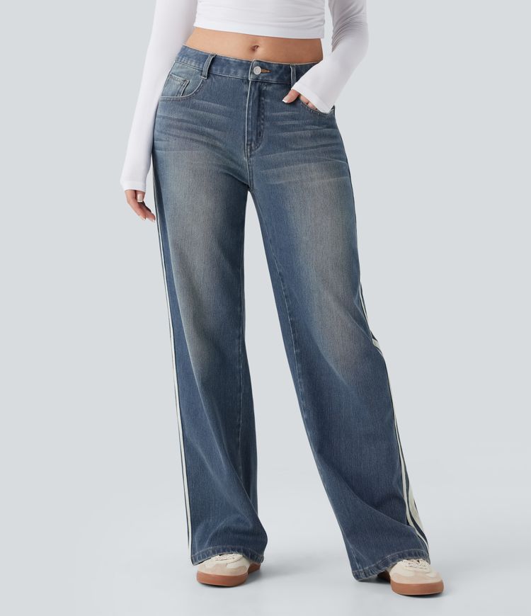 Halara Flex™ Low Rise Stripe Wide Leg Washed Casual Jeans with Pockets
