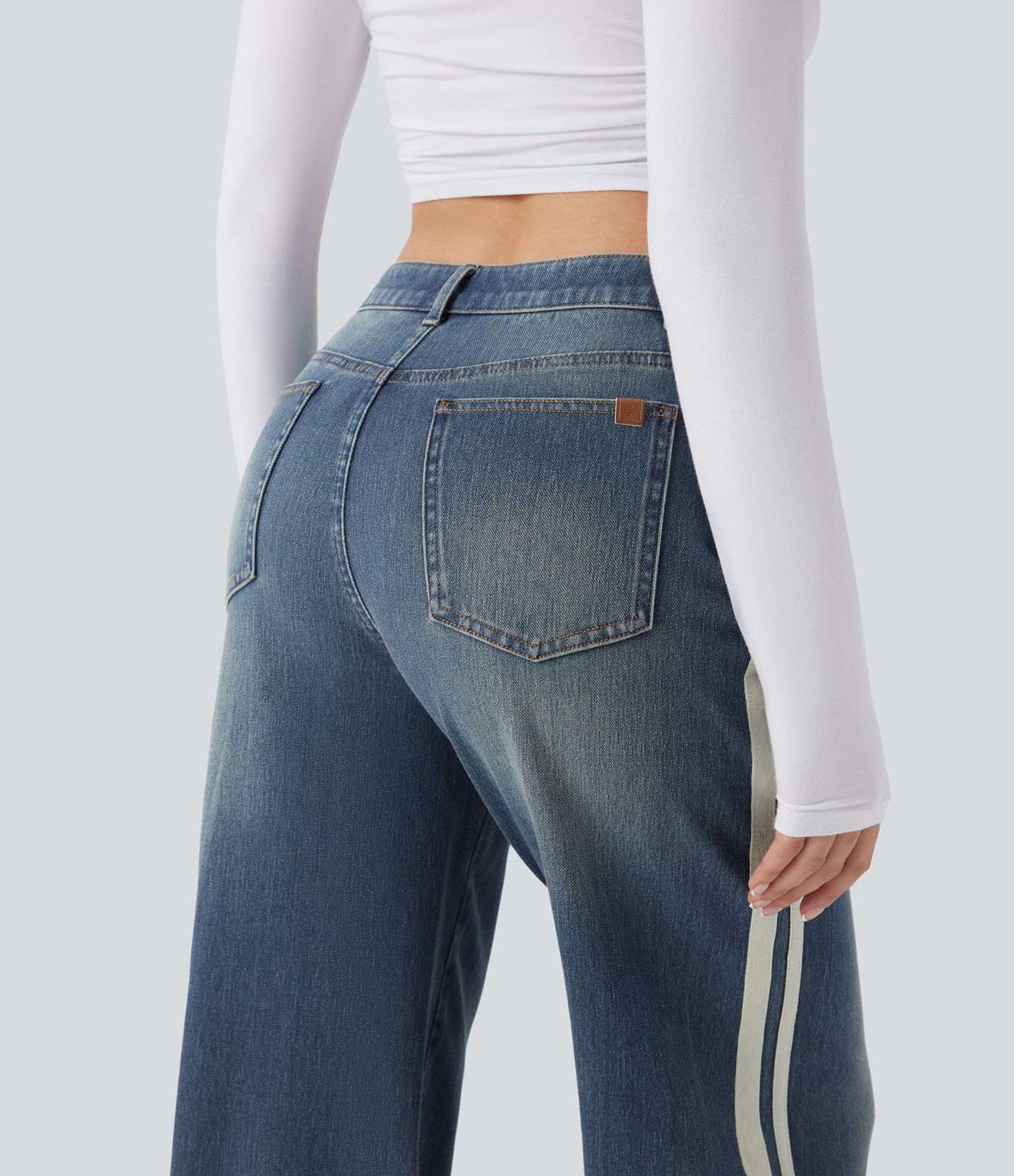 Halara Flex™ Low Rise Stripe Wide Leg Washed Casual Jeans with Pockets