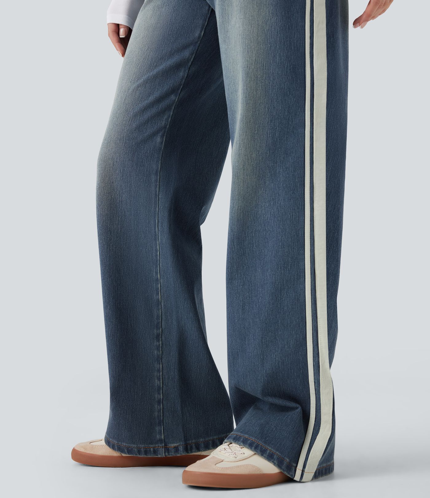 Halara Flex™ Low Rise Stripe Wide Leg Washed Casual Jeans with Pockets