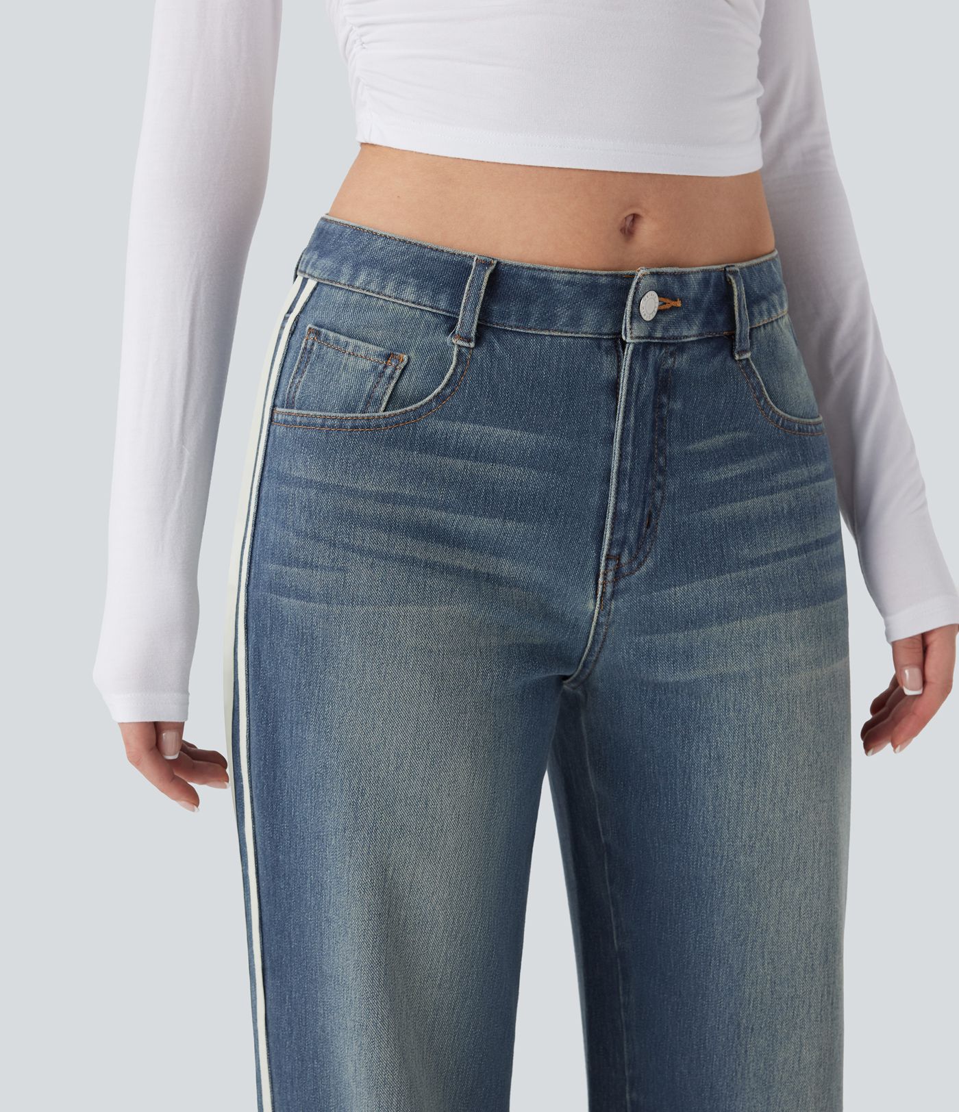 Halara Flex™ Low Rise Stripe Wide Leg Washed Casual Jeans with Pockets