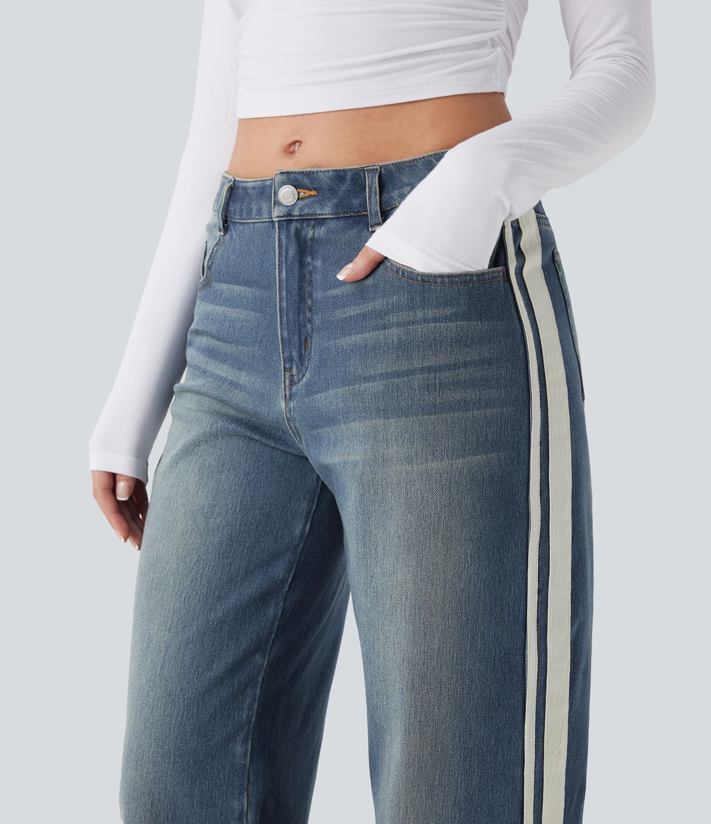 Halara Flex™ Low Rise Stripe Wide Leg Washed Casual Jeans with Pockets