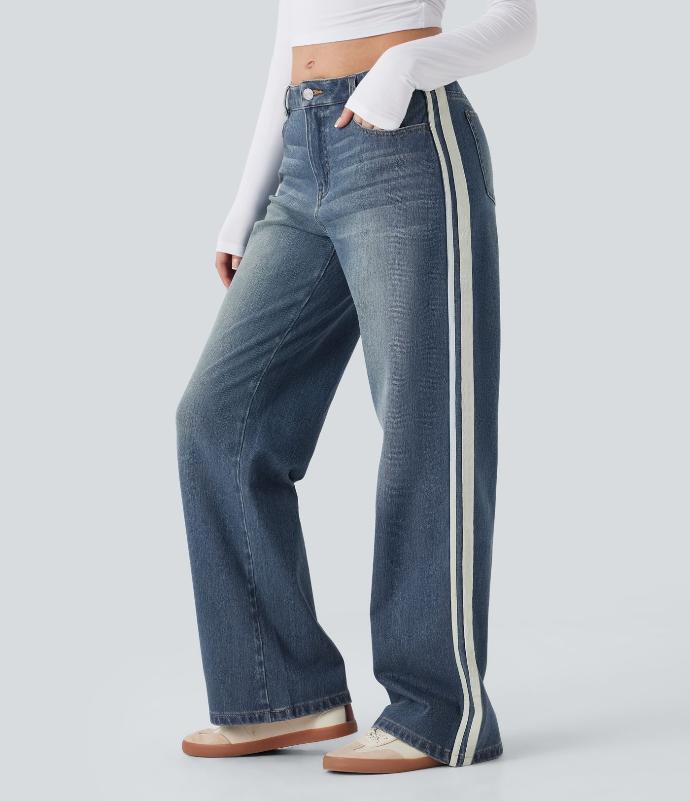 Halara Flex™ Low Rise Stripe Wide Leg Washed Casual Jeans with Pockets