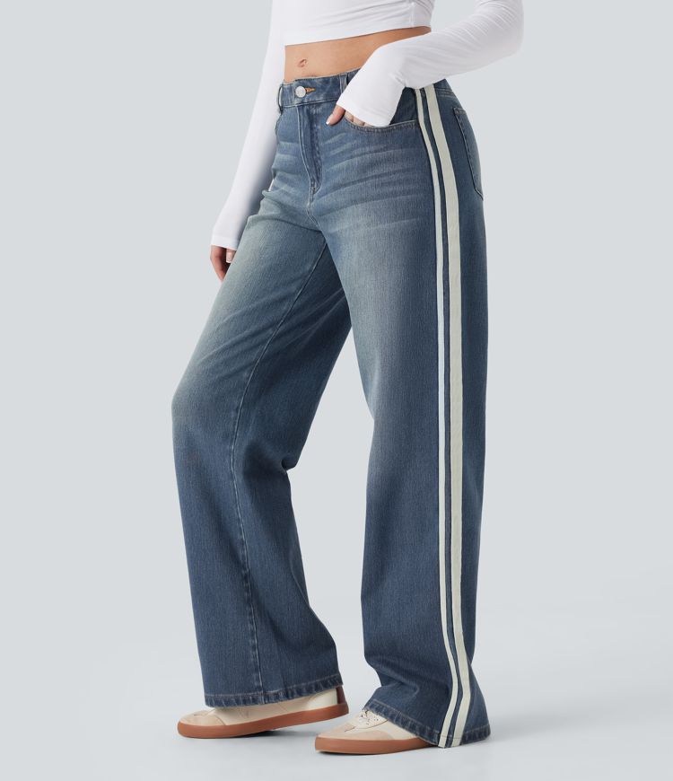 Halara Flex™ Low Rise Stripe Wide Leg Washed Casual Jeans with Pockets