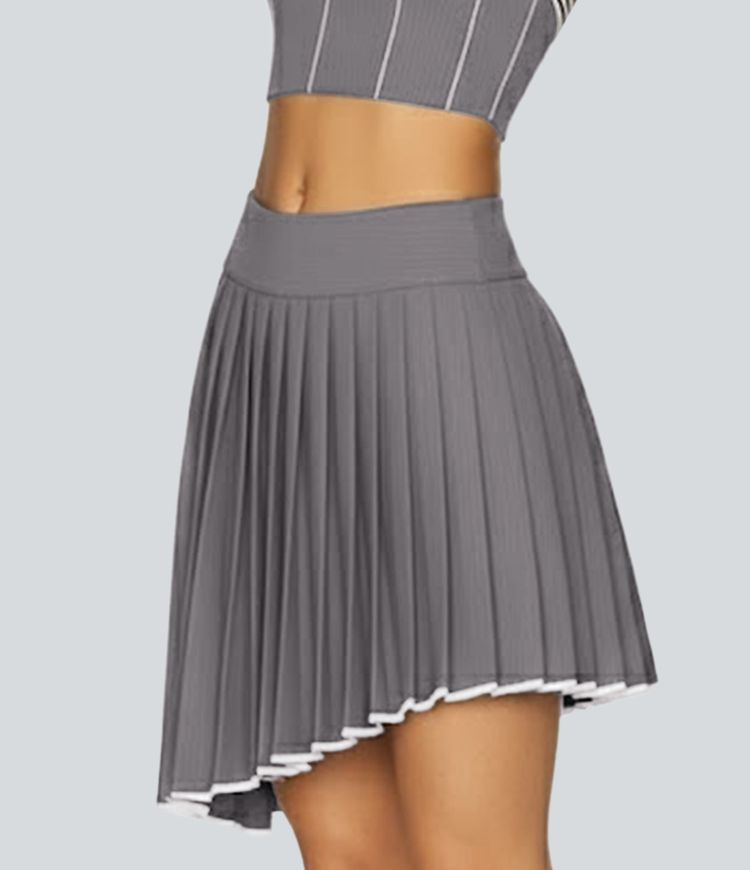 Mid Rise Color Block Asymmetric Hem Mini Workout Pleated Skirt