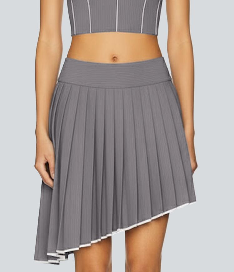 Mid Rise Color Block Asymmetric Hem Mini Workout Pleated Skirt