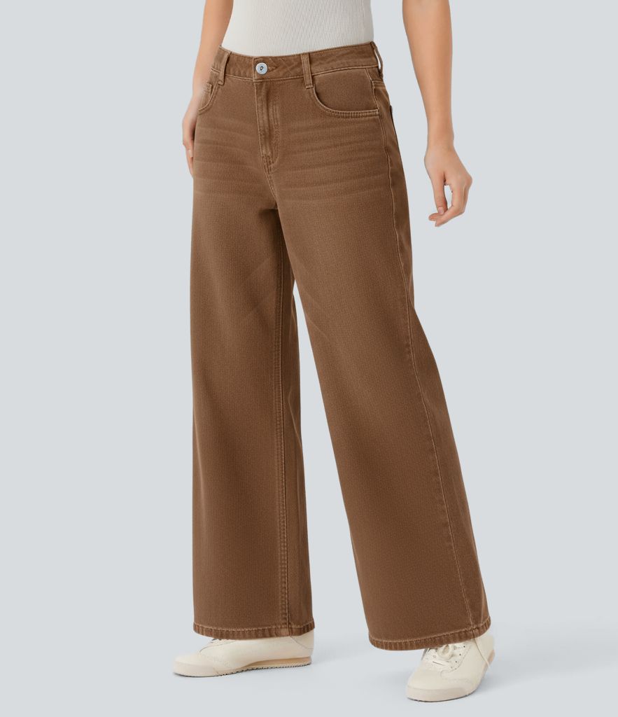 Halara Flex™ Mid Rise Casual Baggy Brown Jeans with Pockets