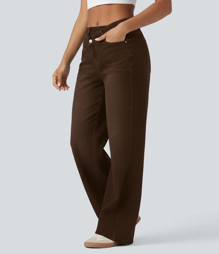 Halara Flex™ Asymmetric Low Rise Straight Leg Casual Brown Jeans with Pockets