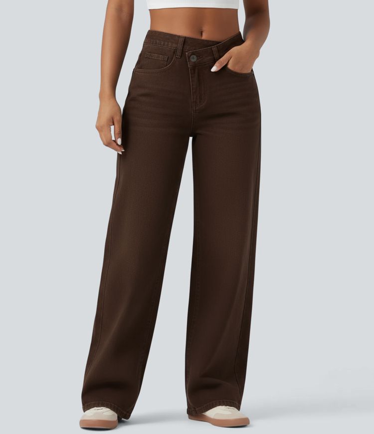 Halara Flex™ Asymmetric Low Rise Straight Leg Casual Brown Jeans with Pockets
