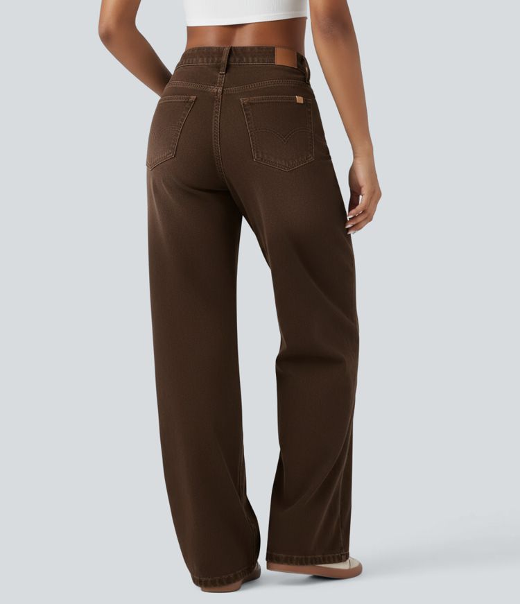 Halara Flex™ Asymmetric Low Rise Straight Leg Casual Brown Jeans with Pockets