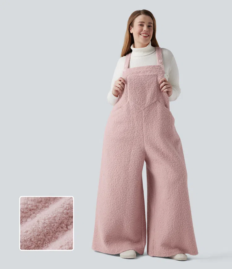 Lässige Teddy- Latzhose mit verstellbaren Trägern und mehreren Taschen - Plus-Size