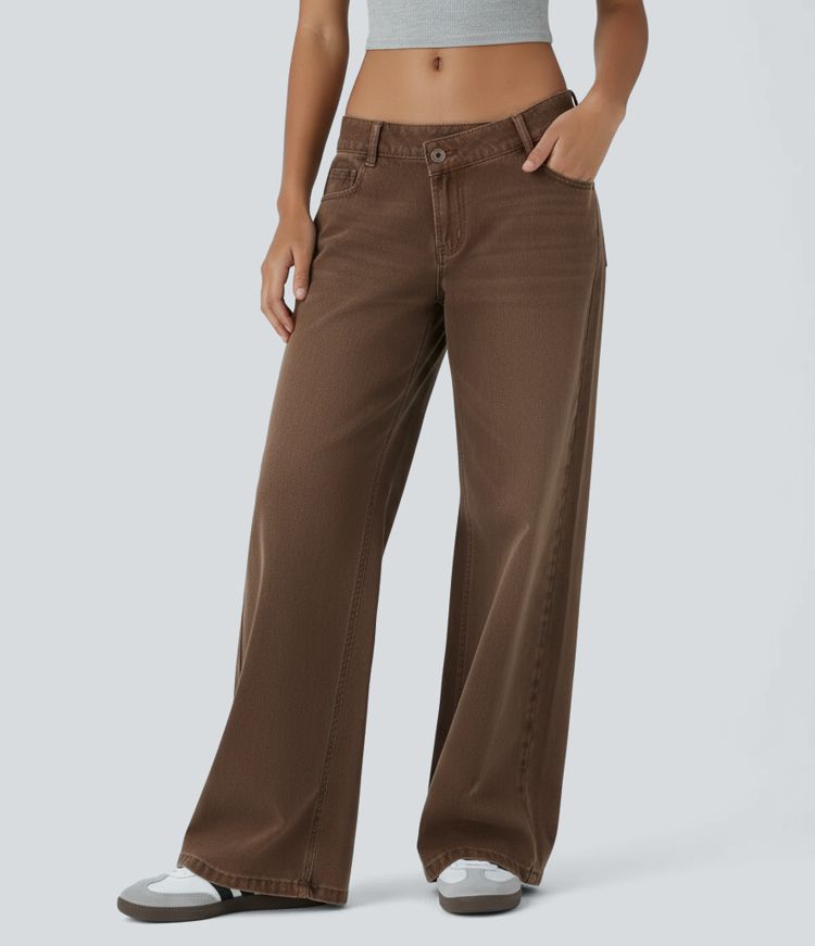 Halara Flex™ Asymmetric Low Rise Wide Leg Colorful Washed Casual Jeans with Pockets