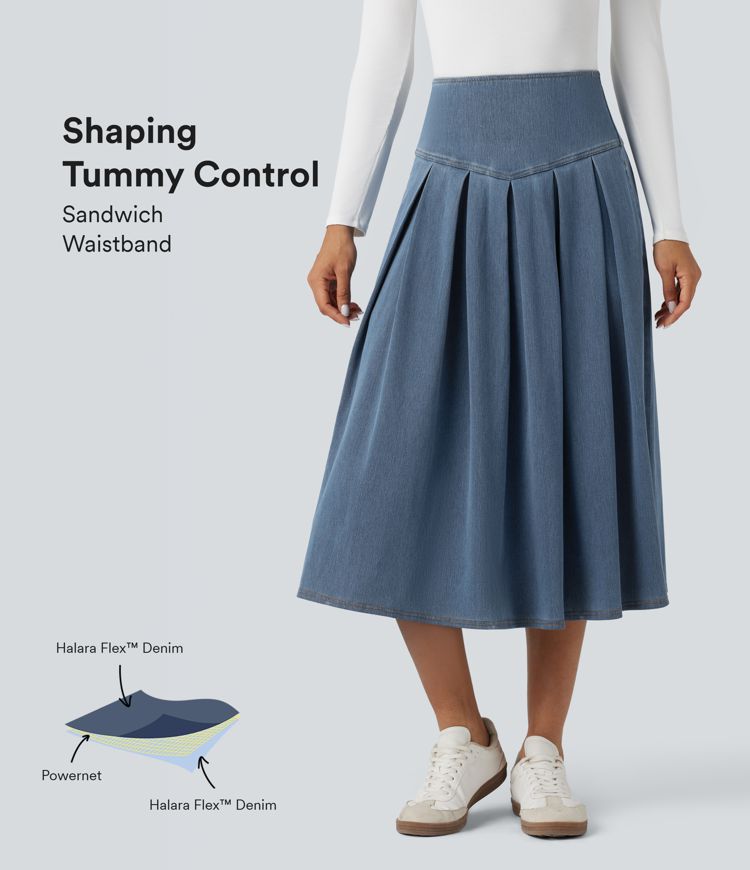 Halara Flex™ High Waisted Tummy Control Pleated Midi Casual Denim Skirt with Pockets