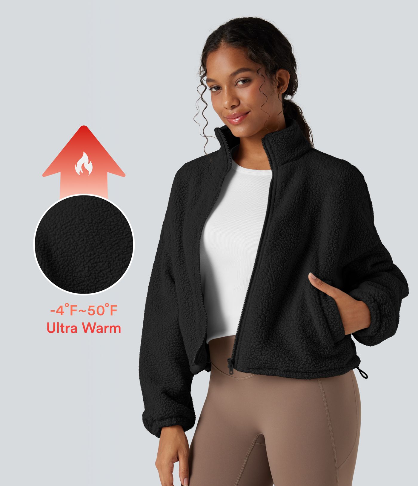 High Neck Long Sleeve Zipper Fleece Workout Jacket with Pockets