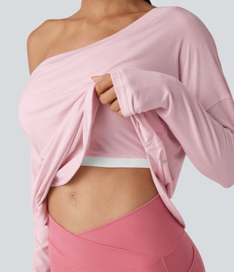One Shoulder Long Sleeve Thumb Hole Curved Hem High Low Quick Dry Yoga Sports Top-Built-in Bra