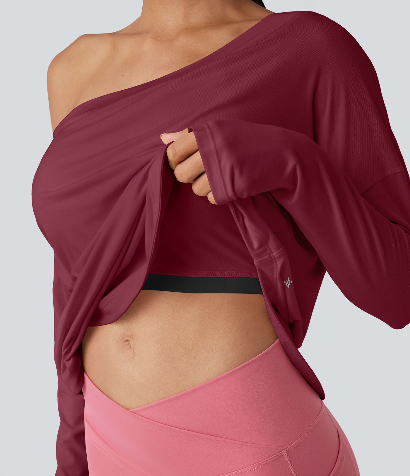 One Shoulder Long Sleeve Thumb Hole Curved Hem High Low Quick Dry Yoga Sports Top-Built-in Bra