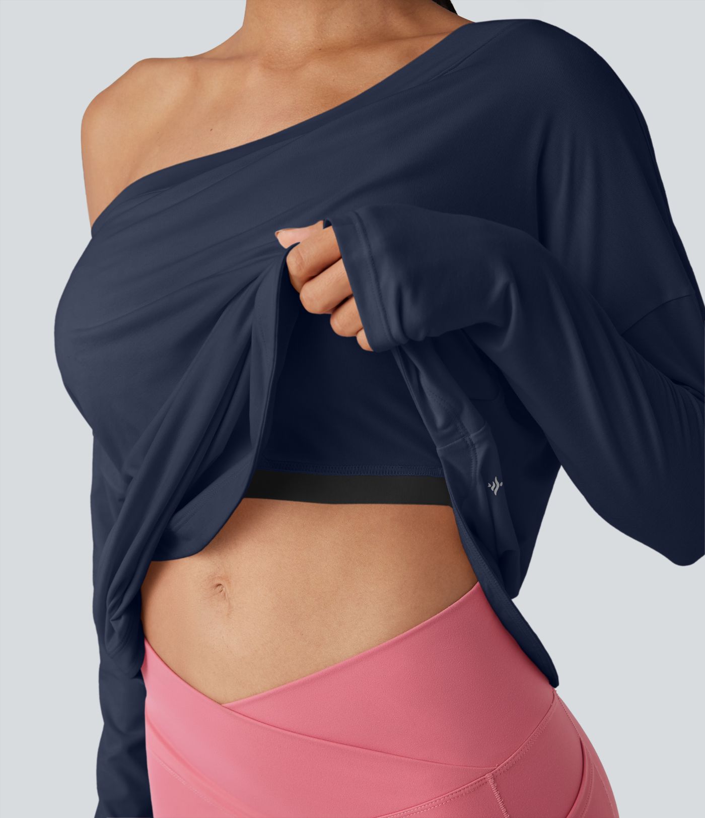 One Shoulder Long Sleeve Thumb Hole Curved Hem High Low Quick Dry Yoga Sports Top-Built-in Bra