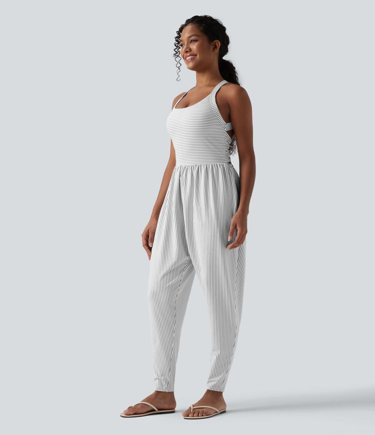 Twisted Backless Built-in Bra Stripes Casual Harem Jumpsuit with Pockets-Easy Peezy Edition