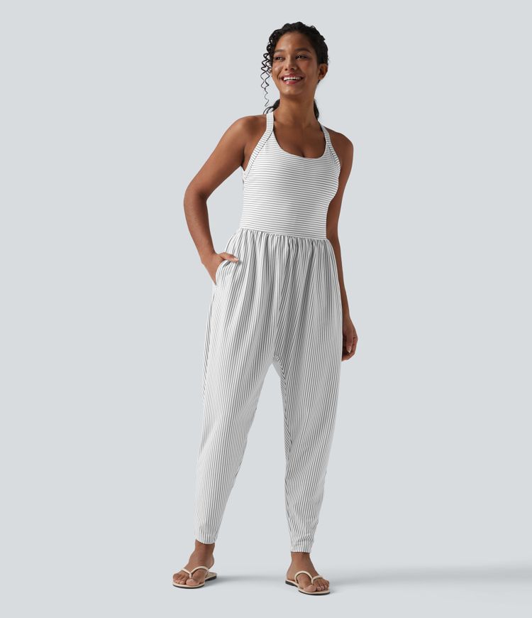 Twisted Backless Built-in Bra Stripes Casual Harem Jumpsuit with Pockets-Easy Peezy Edition