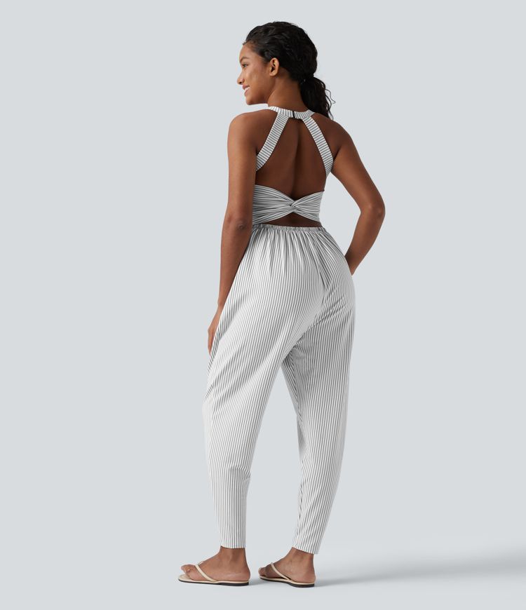 Twisted Backless Built-in Bra Stripes Casual Harem Jumpsuit with Pockets-Easy Peezy Edition