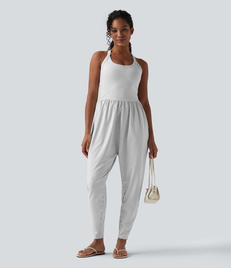 Twisted Backless Built-in Bra Stripes Casual Harem Jumpsuit with Pockets-Easy Peezy Edition