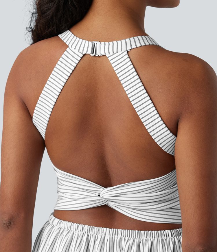 Twisted Backless Built-in Bra Stripes Casual Harem Jumpsuit with Pockets-Easy Peezy Edition