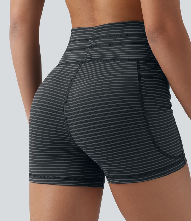 High Waisted Drawstring Striped Yoga Biker Shorts 3'' with Pockets